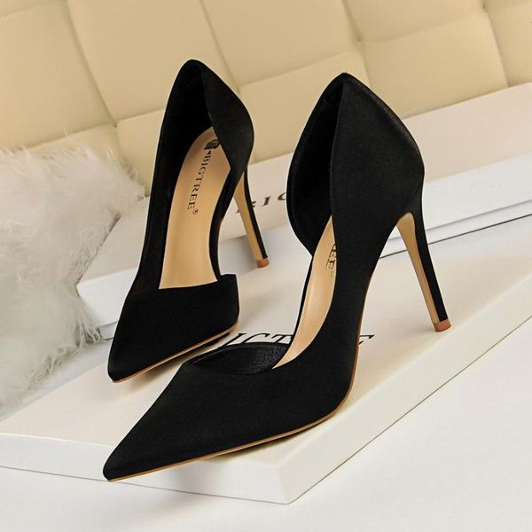 dress shoes high heels satin shallow mouth pointed toe hollow for party wedding 38 39 40, Black